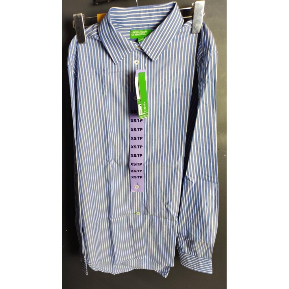 United Colors of Benetton Women’s XS Blue White Stripe Button Long Sleeve Shirt